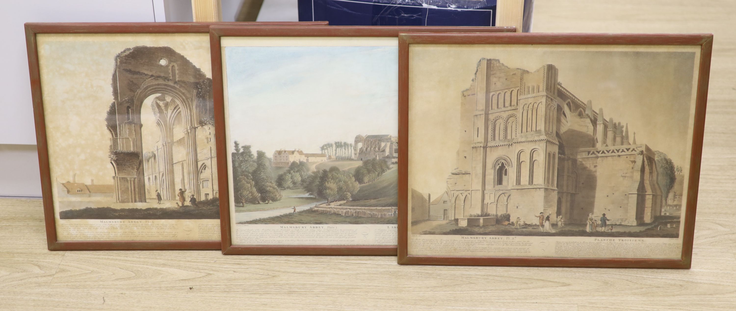 Jukes after Hanks, three coloured aquatints, Views of Malmsbury Abbey, 39 x 48cm